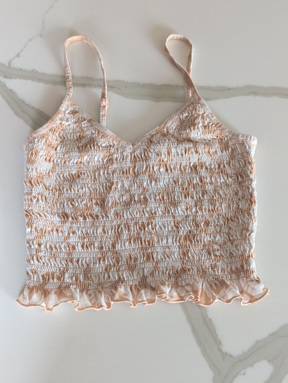 American Eagle Outfitters Peach Tan and Cream Smocked Ruffle Cami
